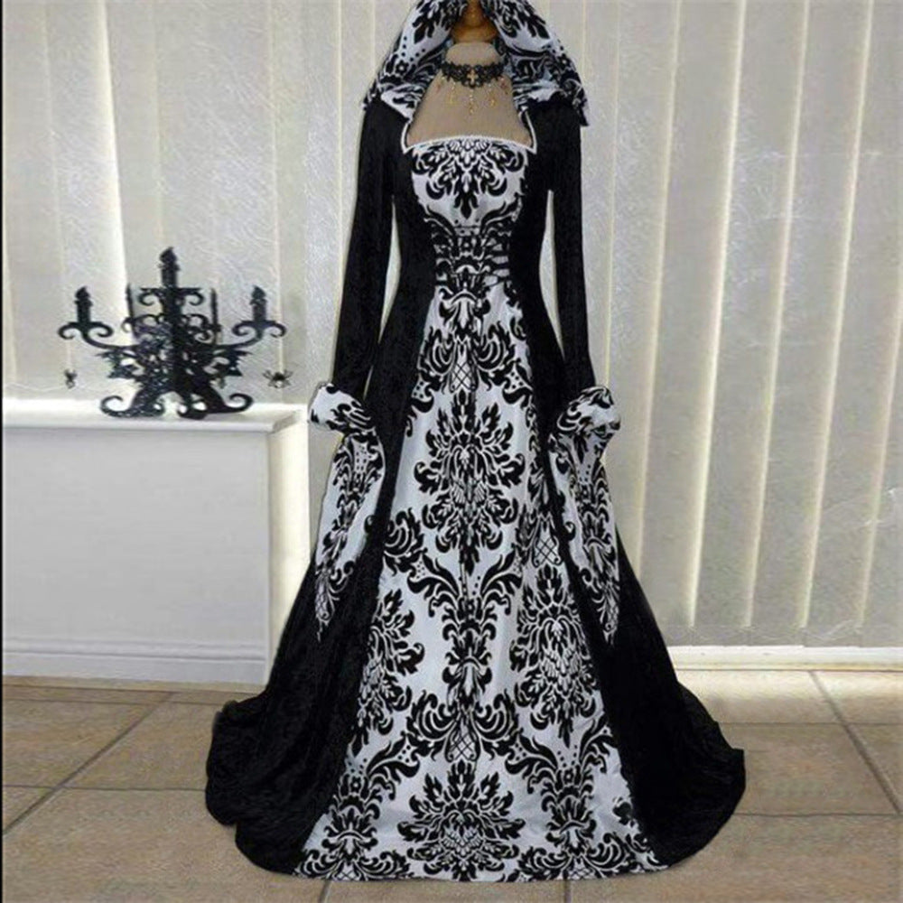 Vintage Artistic Long Sleeve Cinched Hoodie Large Swing Printed Dress