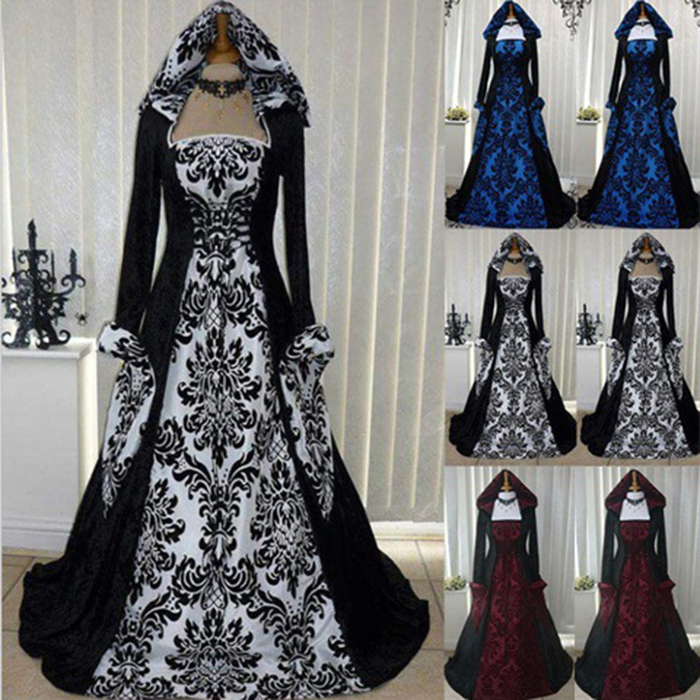 Vintage Artistic Long Sleeve Cinched Hoodie Large Swing Printed Dress