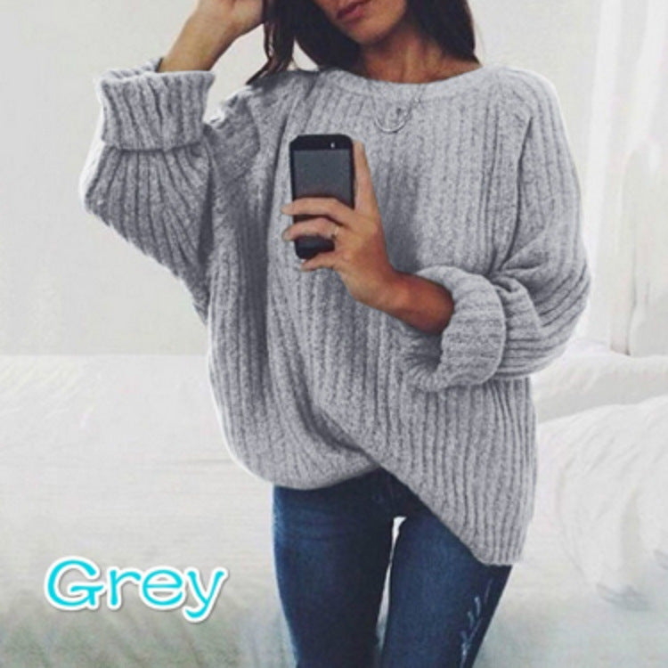 Women's Solid Color Round Neck Loose Pullover Tops