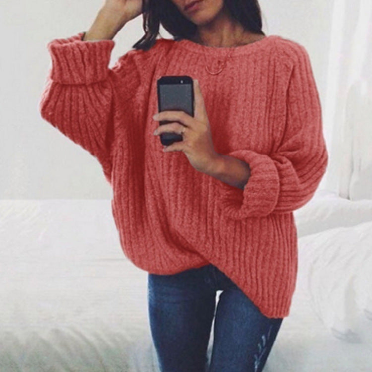 Women's Solid Color Round Neck Loose Pullover Tops