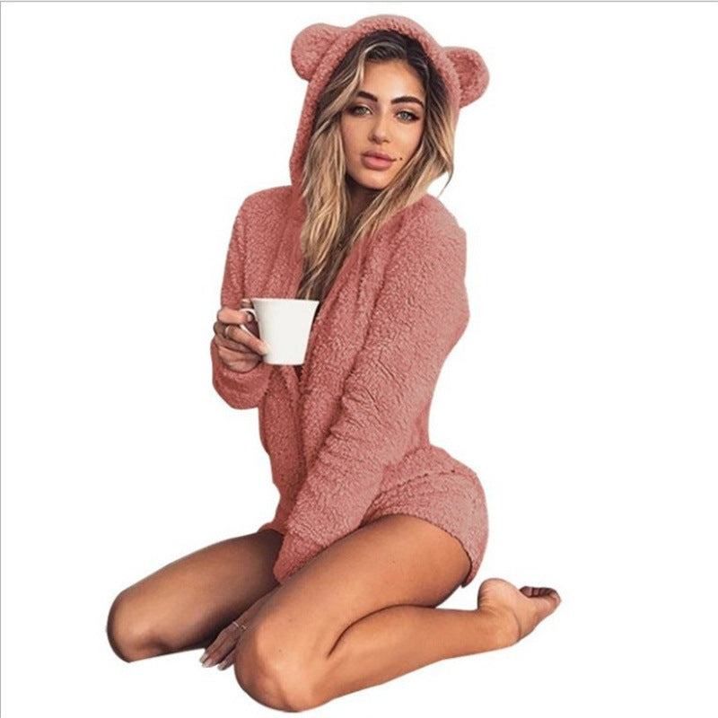 Women's Plush Solid Color Long Sleeve Hooded Cute Home Women's Sweater, Sweater