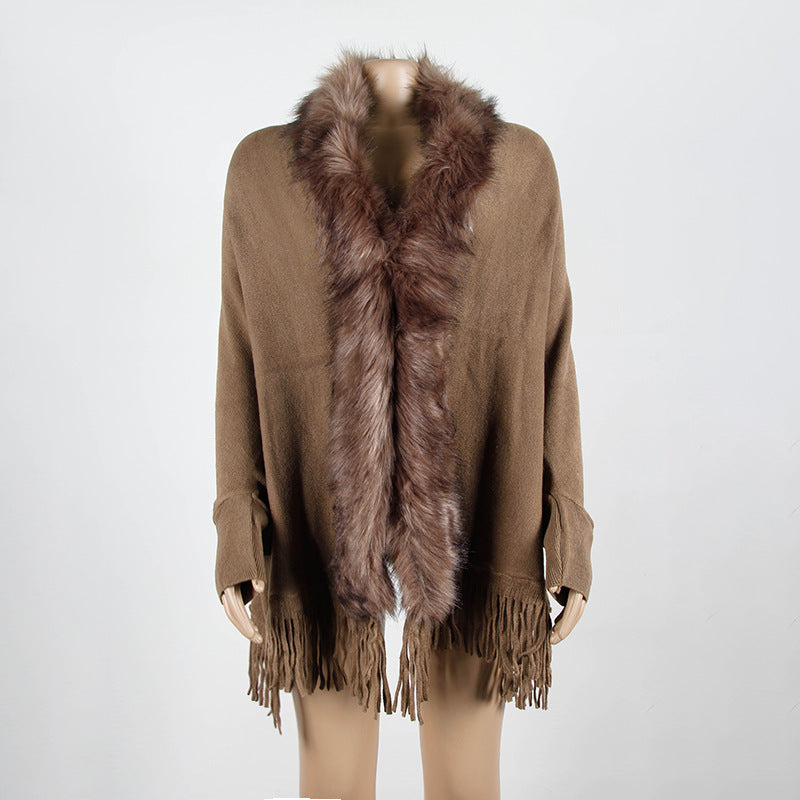 Cape Shawl Fur Collar Cloak Solid Knitwear