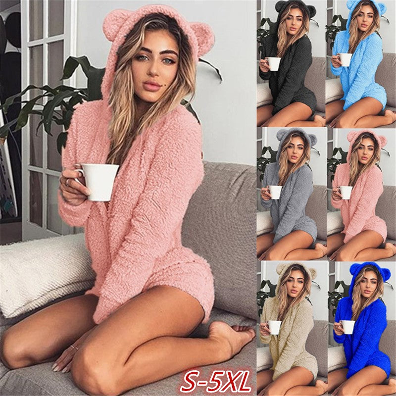 Women's Plush Solid Color Long Sleeve Hooded Cute Home Women's Sweater, Sweater