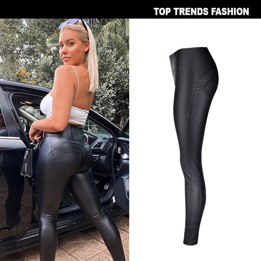 Women's Stretch Coated Faux Leather Denim Trousers Peach Underwear Jeans