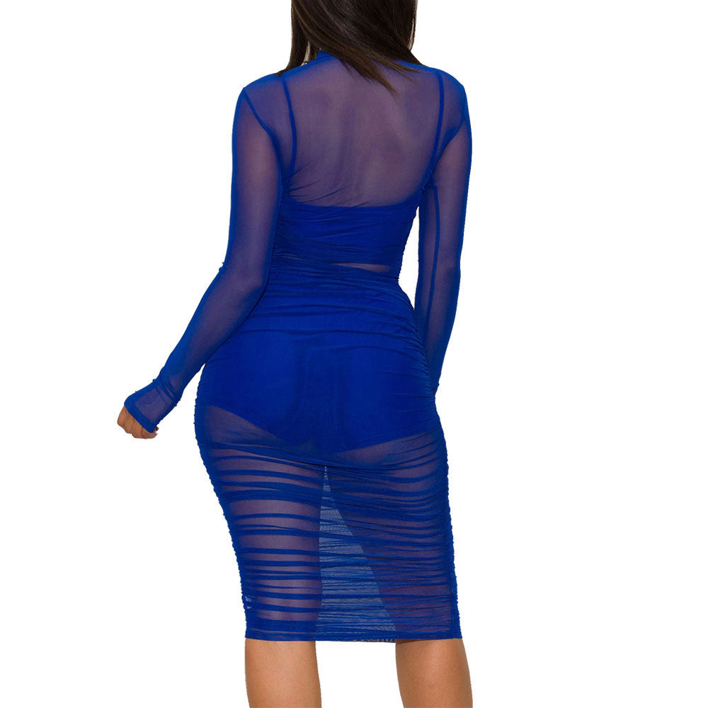 Plaid Nightclub Mesh Dress Three-piece Set Dresses