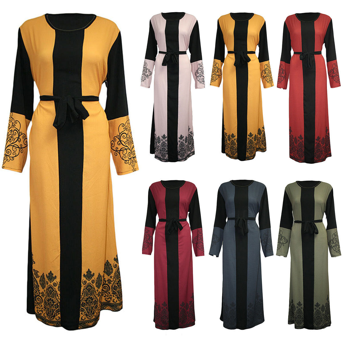 Elegant Printed Long Sleeve Stitching Belt Dress