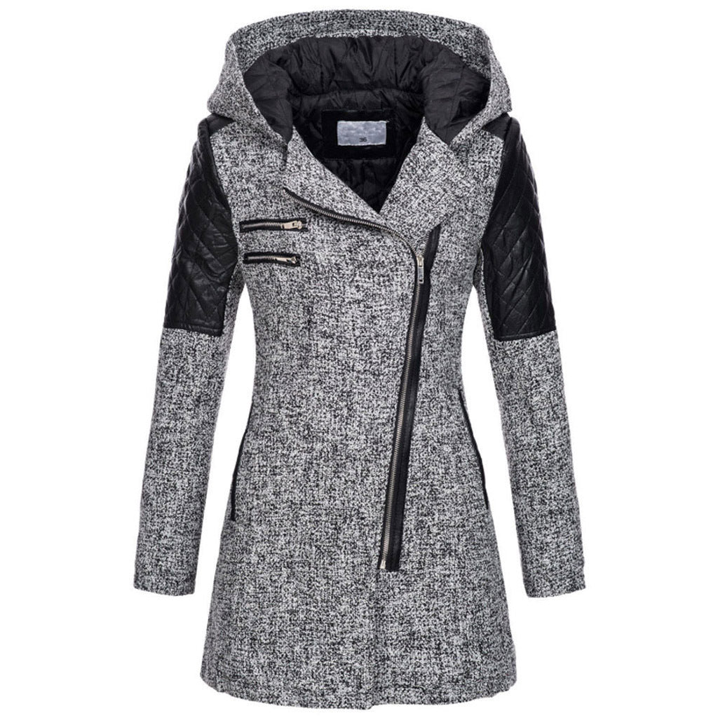 Women's Mid-length Hooded Loose Oblique Zipper Woolen Coats