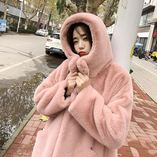 Women's Fur Thickened Long Section Loose Hat Coats