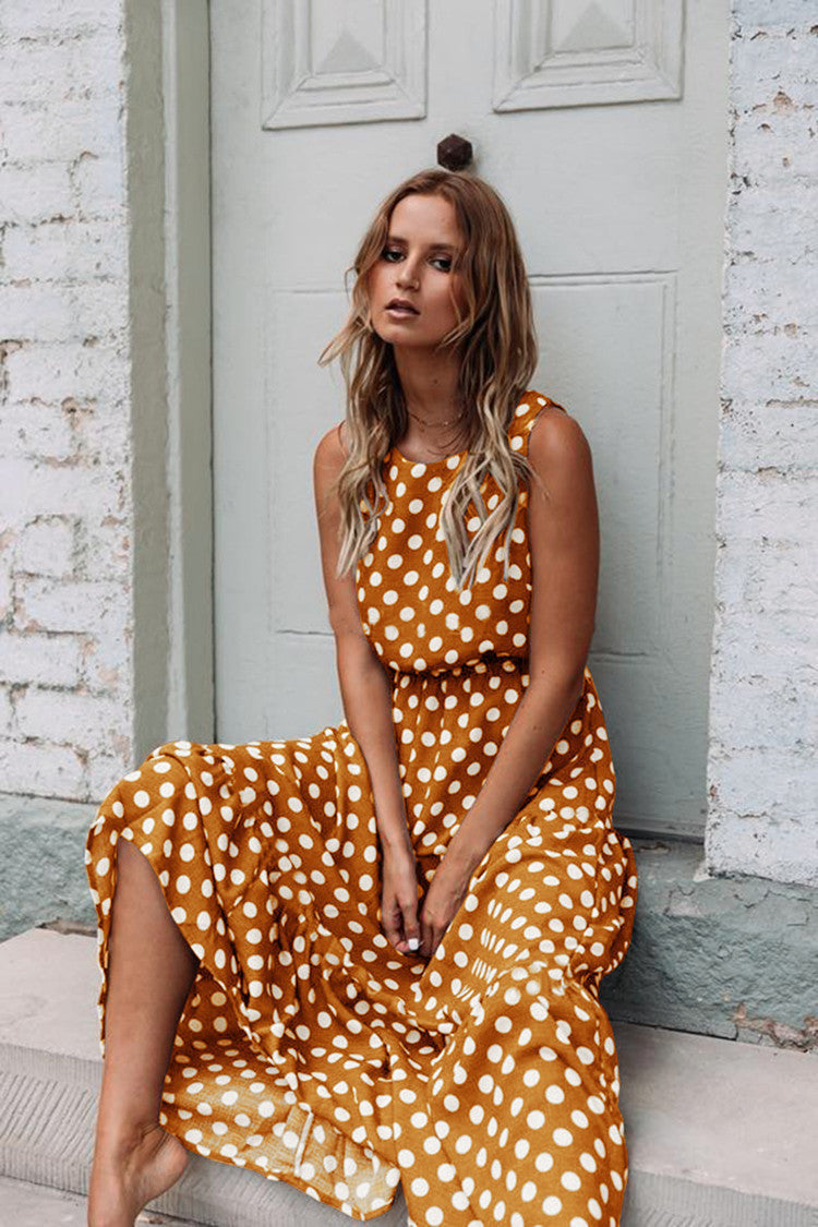 Fashion Sweet Polka Dot Round Neck Sleeveless Medium Length Dress