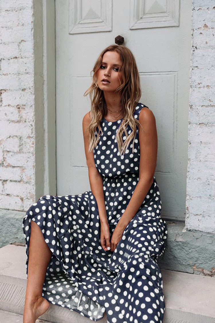 Fashion Sweet Polka Dot Round Neck Sleeveless Medium Length Dress