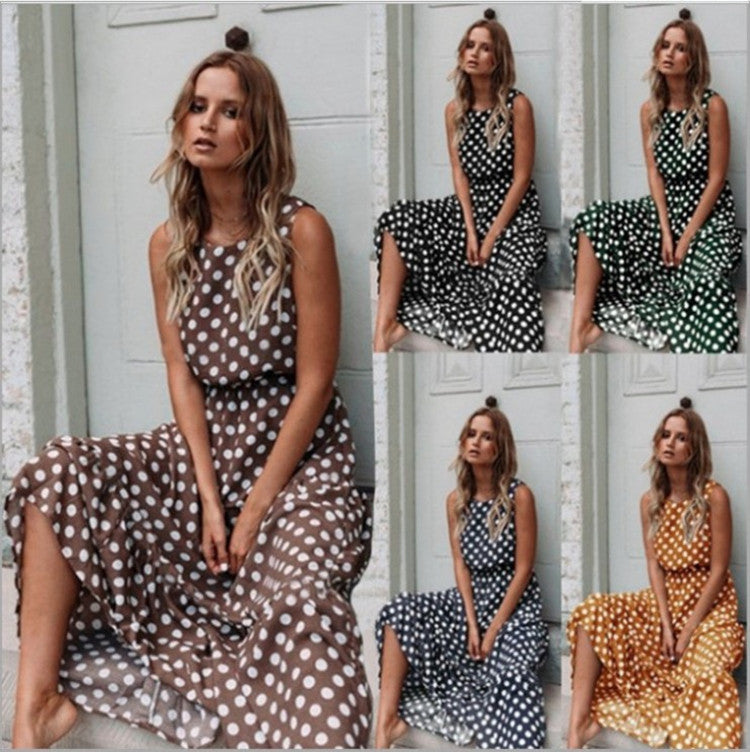 Fashion Sweet Polka Dot Round Neck Sleeveless Medium Length Dress