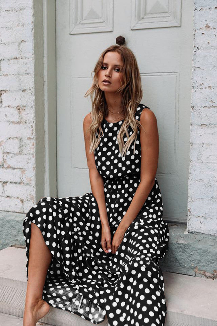 Fashion Sweet Polka Dot Round Neck Sleeveless Medium Length Dress