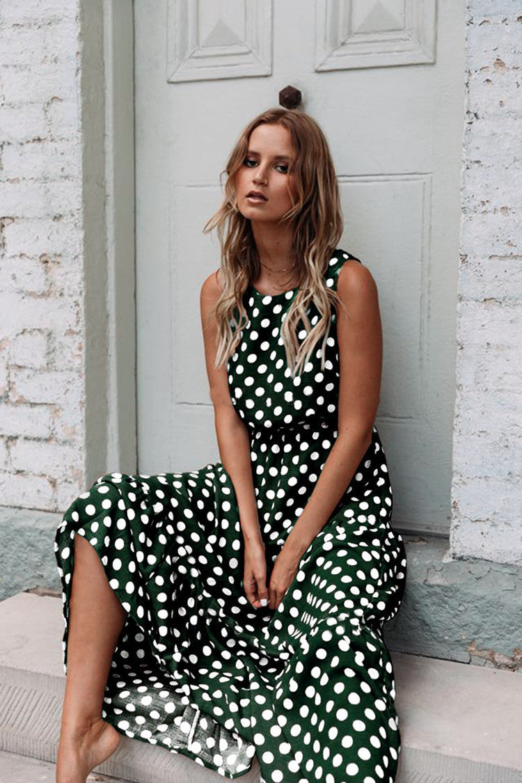 Fashion Sweet Polka Dot Round Neck Sleeveless Medium Length Dress