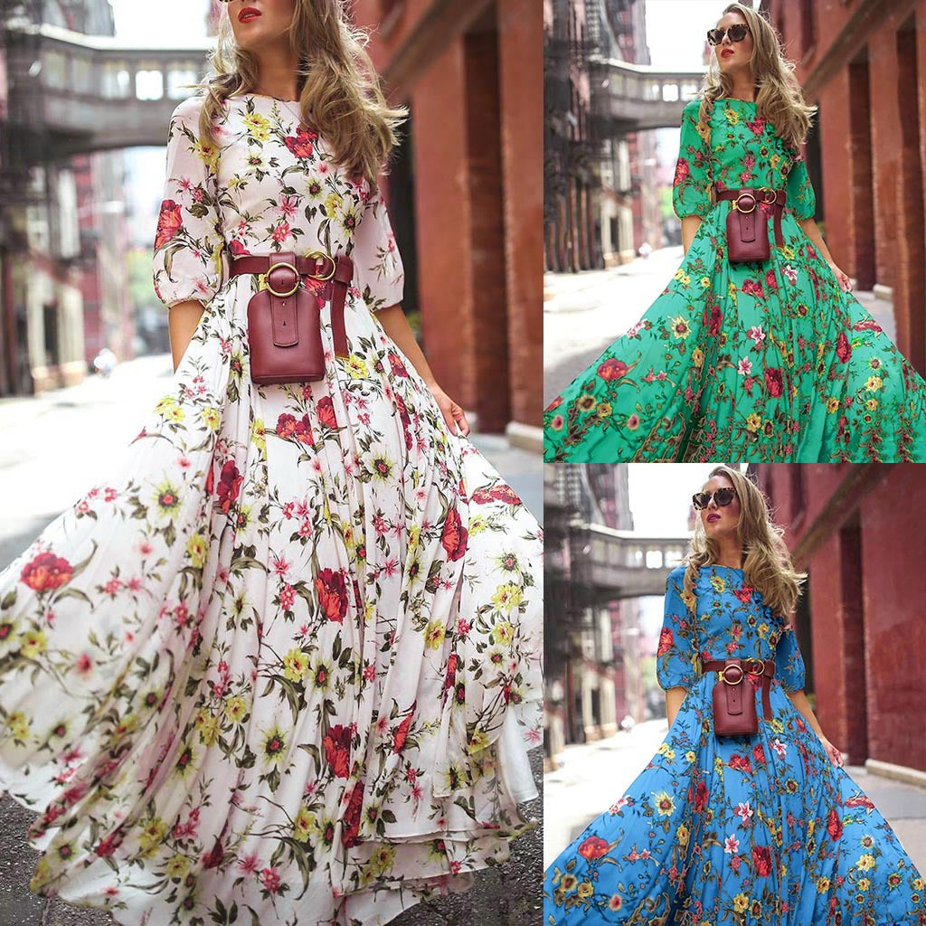 Women's Printed Bohemian Round Neck Sleeve Large Dress
