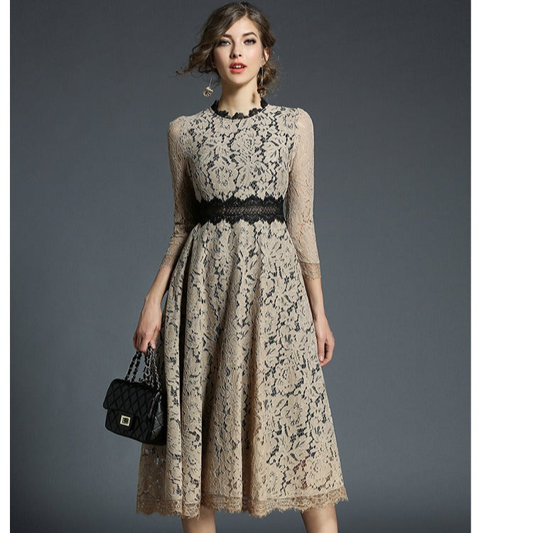 Women's Out Stitching Lace Dress Female Mid-length Dresses
