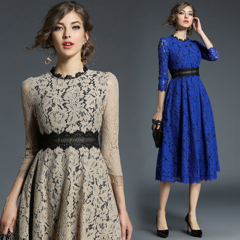 Women's Out Stitching Lace Dress Female Mid-length Dresses