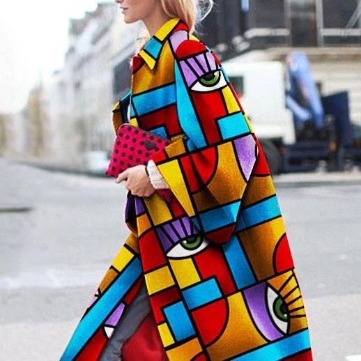 Women's Long Flared Sleeves Printed Loose Trench Coats