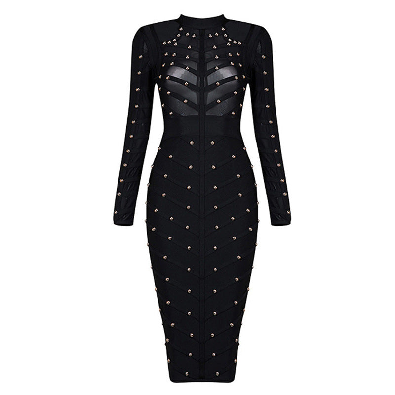 Women's Nail Mesh Long-sleeved Dress Bandage One-piece Dresses
