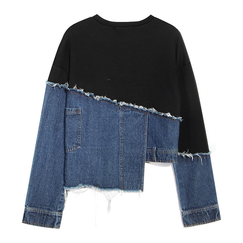 Women's Personality Asymmetric Washed Denim Stitching Loose Sweaters