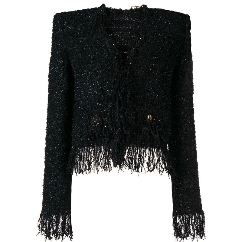 Women's Glossy Black Tweed Fringe Pocket Fastener Coats