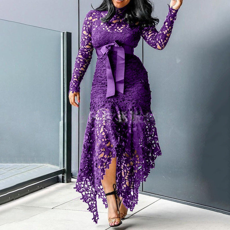 Women's Long Sleeve Stand-up Collar Tie Color Dresses