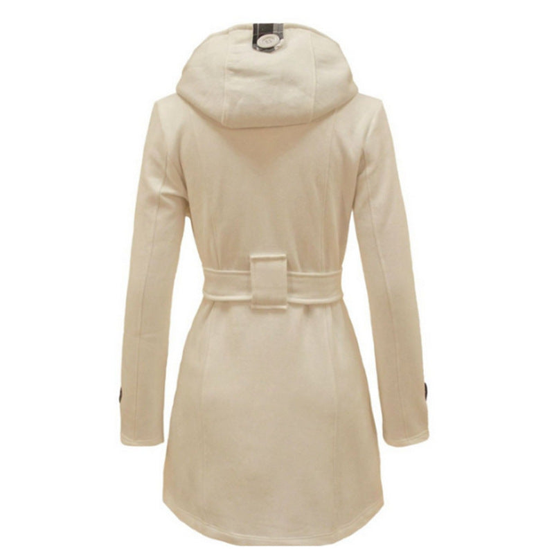 Plaid Hooded Woolen Belt Double-breasted Mid-length Coats