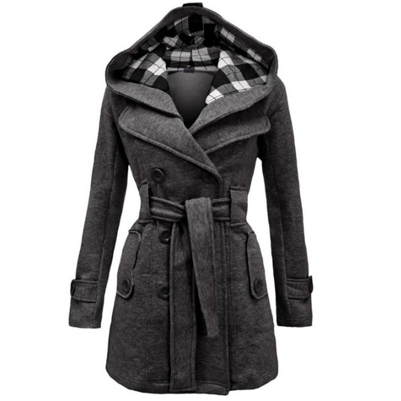 Plaid Hooded Woolen Belt Double-breasted Mid-length Coats