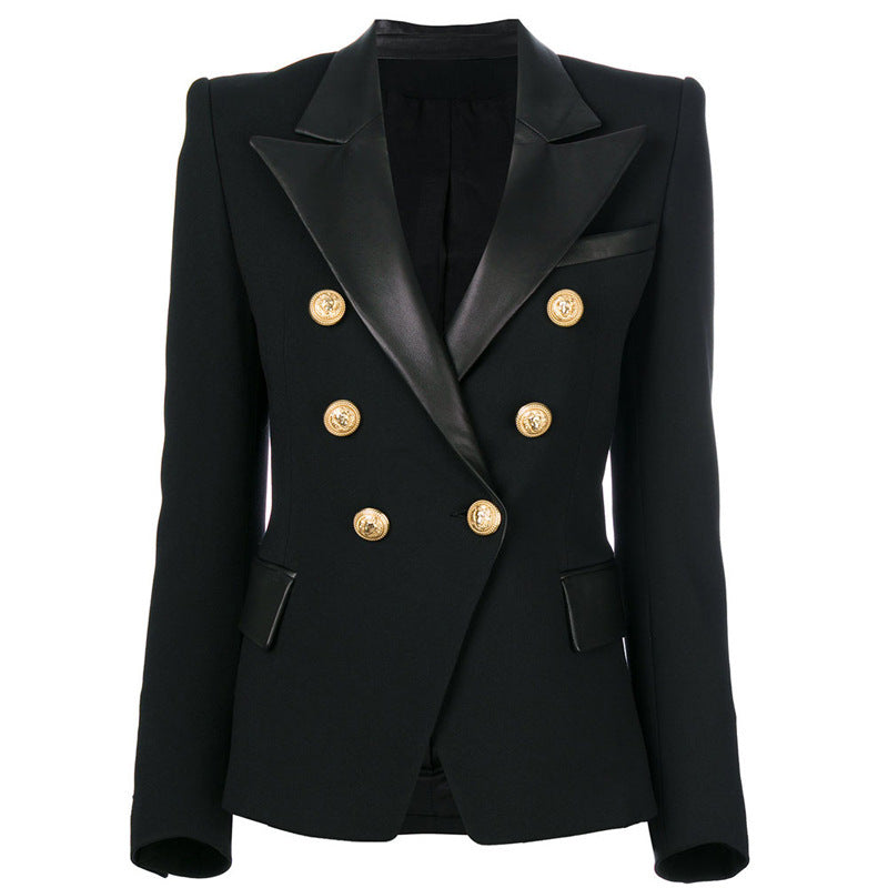 Black Leather Stitching Collar Graceful Crisp Blazers