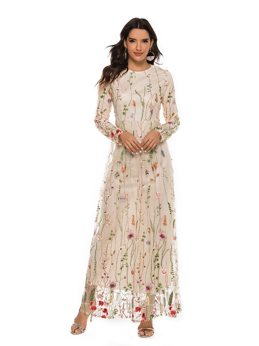 Fashion Embroidered Dress Sweet Flowers Lace Long Dresses
