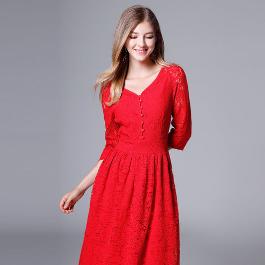 Women's Lace Dress Spring Red Gown Dresses