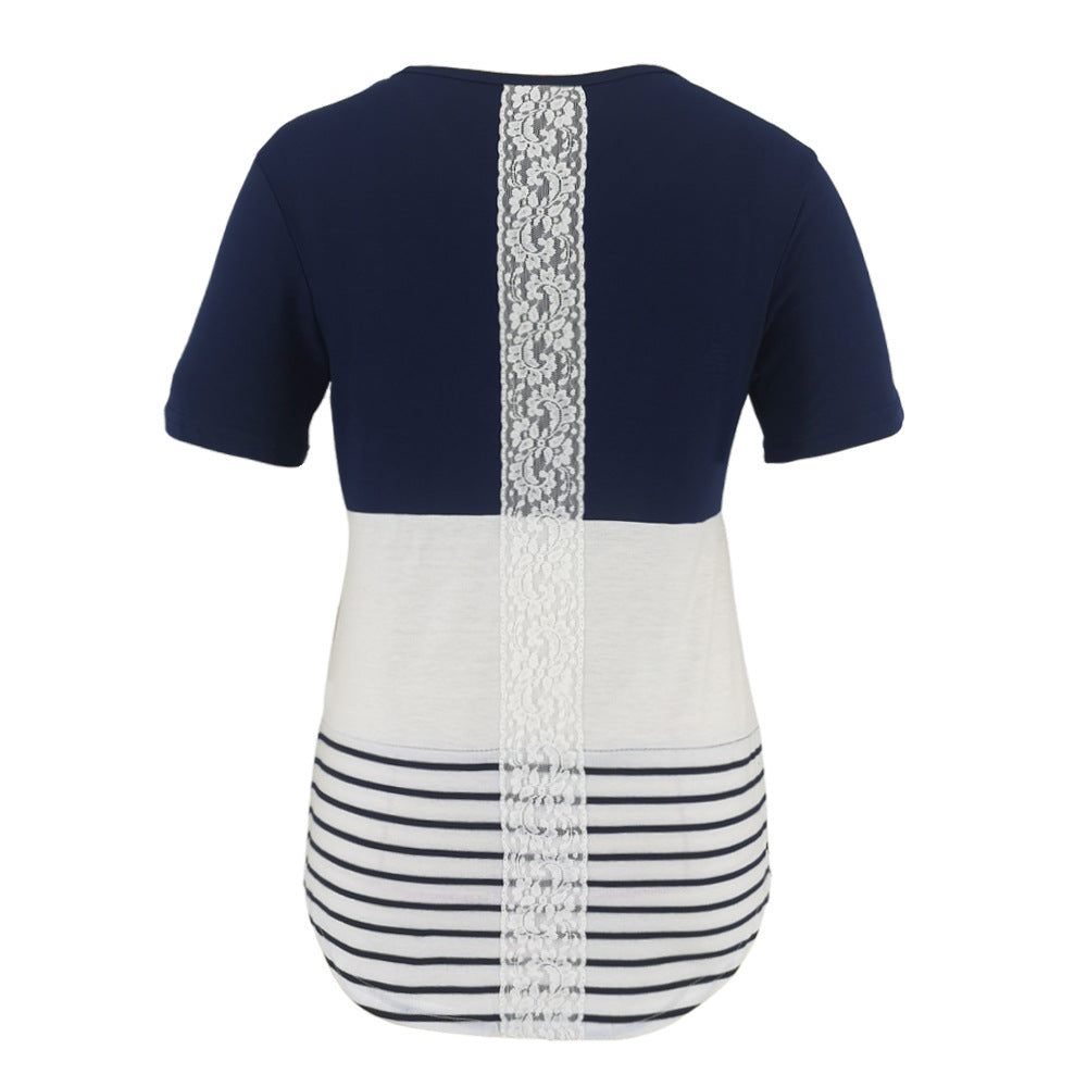 Neck Sleeve Contrast Color Back Lace Stitching T-shirt Blouses