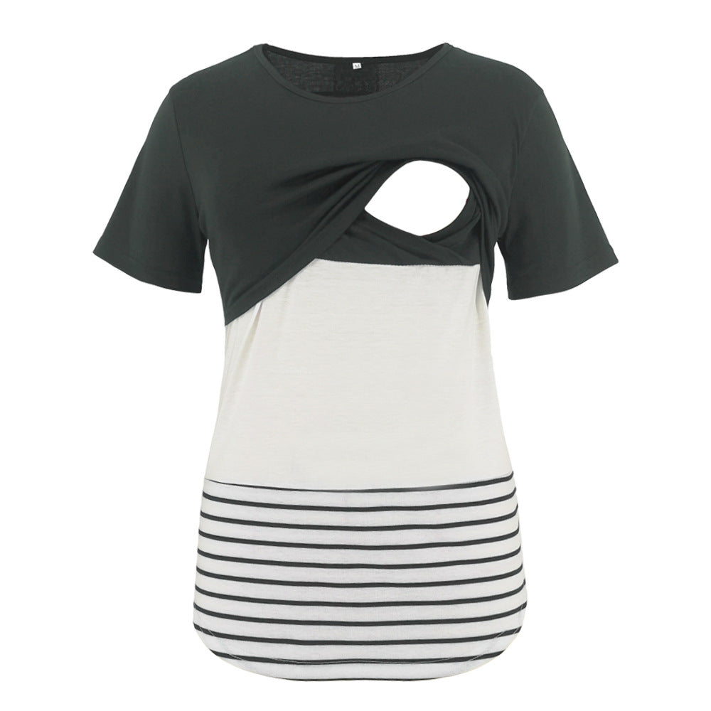 Neck Sleeve Contrast Color Back Lace Stitching T-shirt Blouses