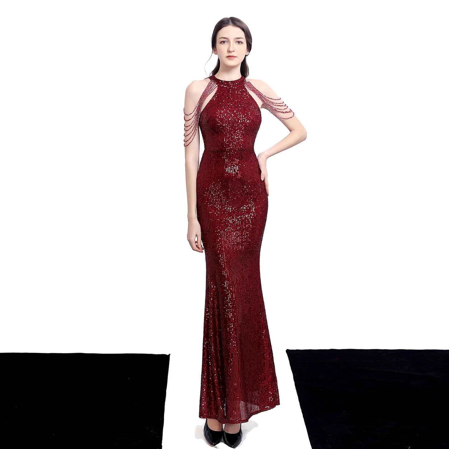 Temperament Elegant Long Halter Set Diamond Sequined Wedding Dresses