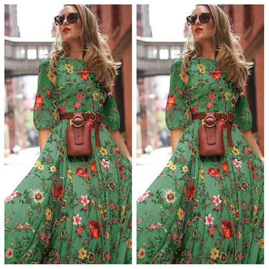 Women's Chiffon Printed Large Swing Dress Bohemian Dresses