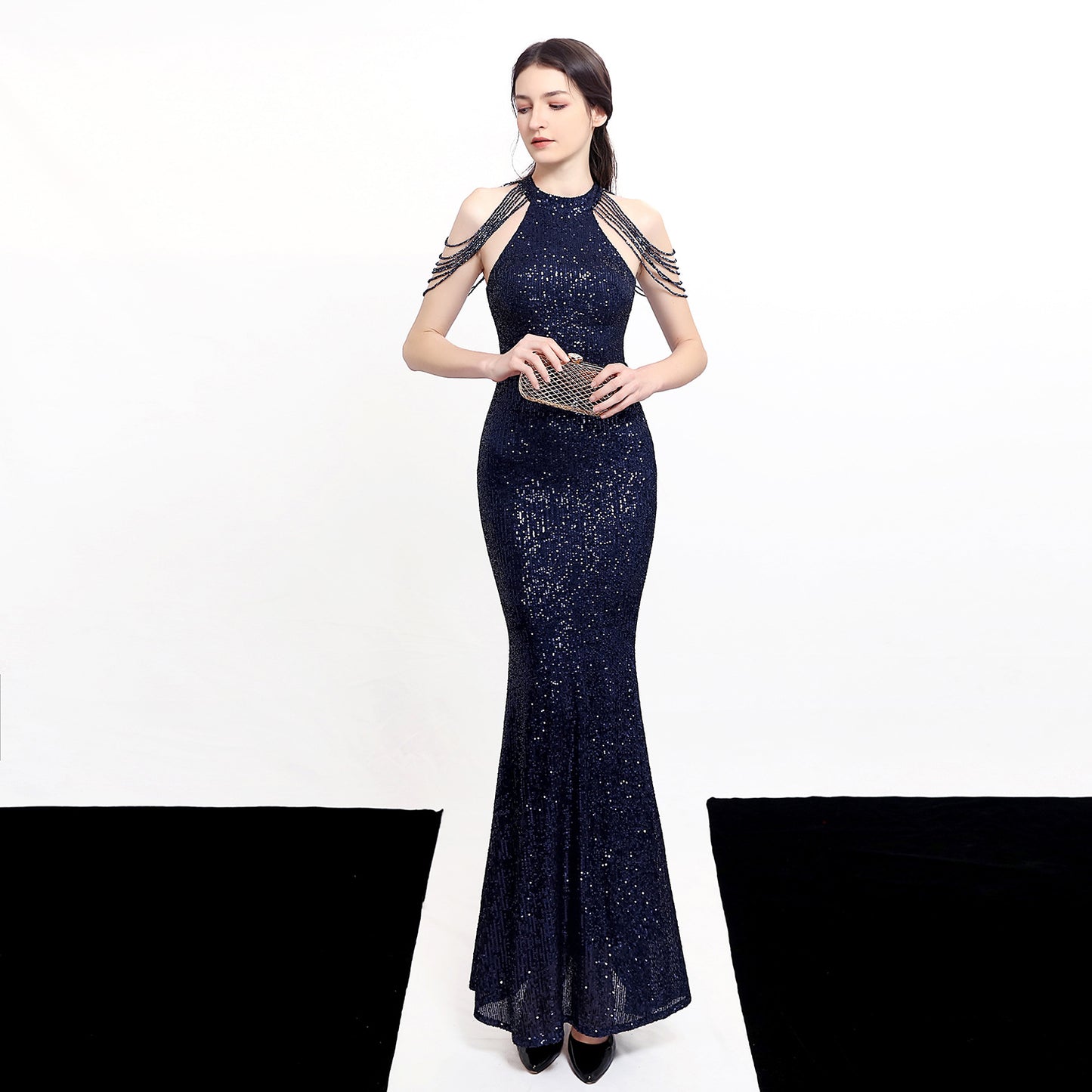 Temperament Elegant Long Halter Set Diamond Sequined Wedding Dresses