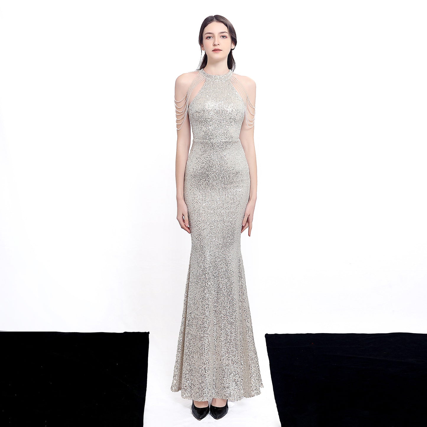 Temperament Elegant Long Halter Set Diamond Sequined Wedding Dresses