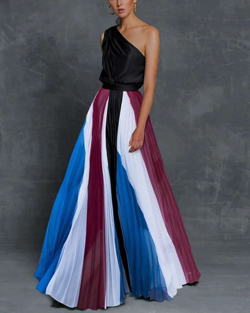 Women's Color Contrast Patchwork Printed Dress Slim Dresses