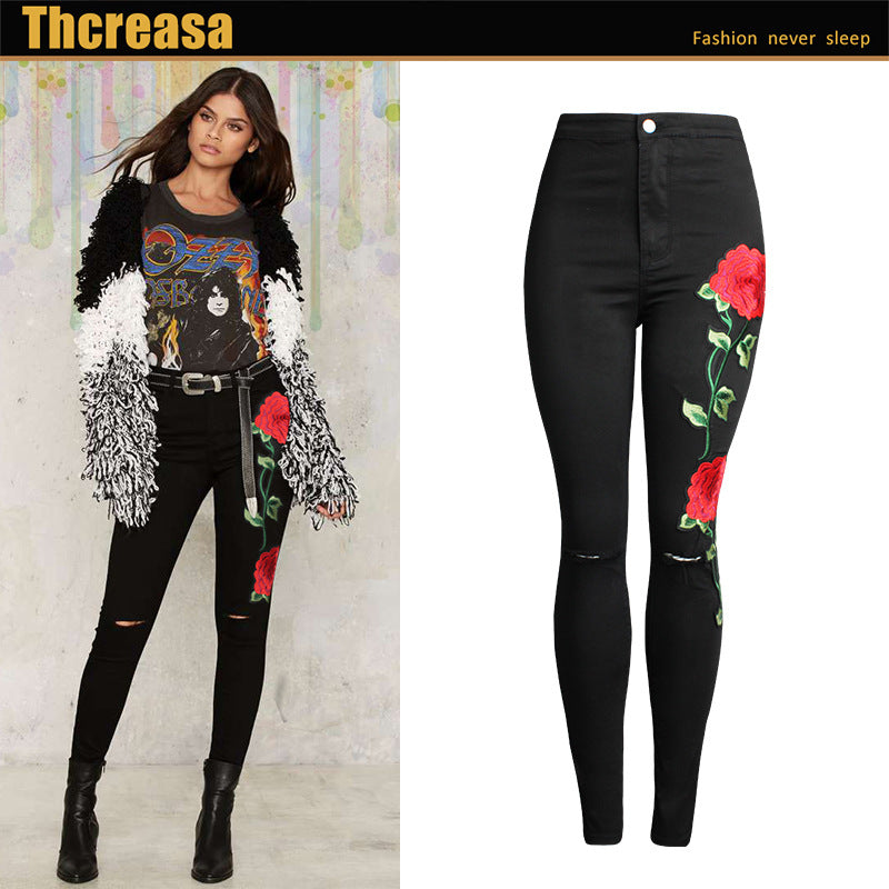 Women's European Three-dimensional Embroidery Trousers Black Skinny Jeans