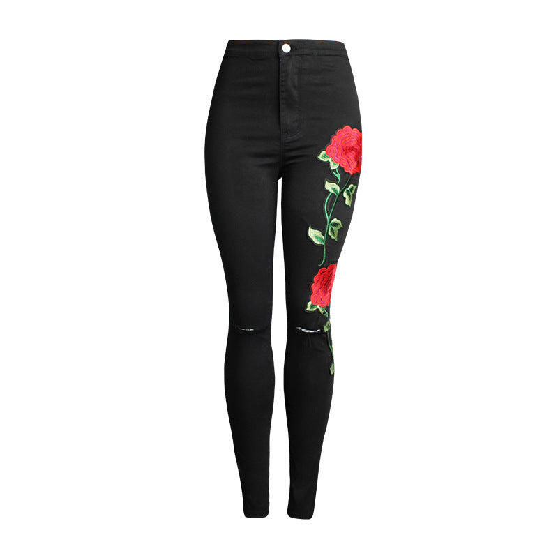 Women's European Three-dimensional Embroidery Trousers Black Skinny Jeans