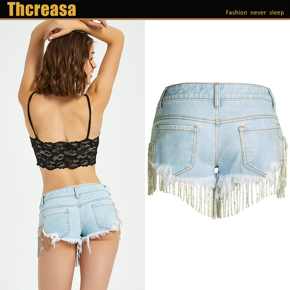 Women's Disco Summer Nightclub Tassel Crystal Chain Hip Jeans