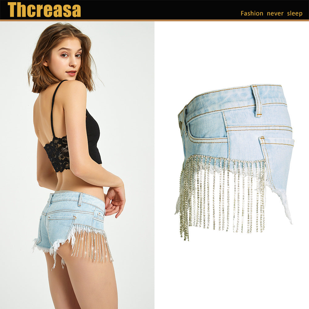 Women's Disco Summer Nightclub Tassel Crystal Chain Hip Jeans