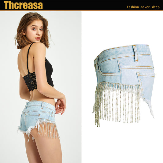 Women's Disco Summer Nightclub Tassel Crystal Chain Hip Jeans