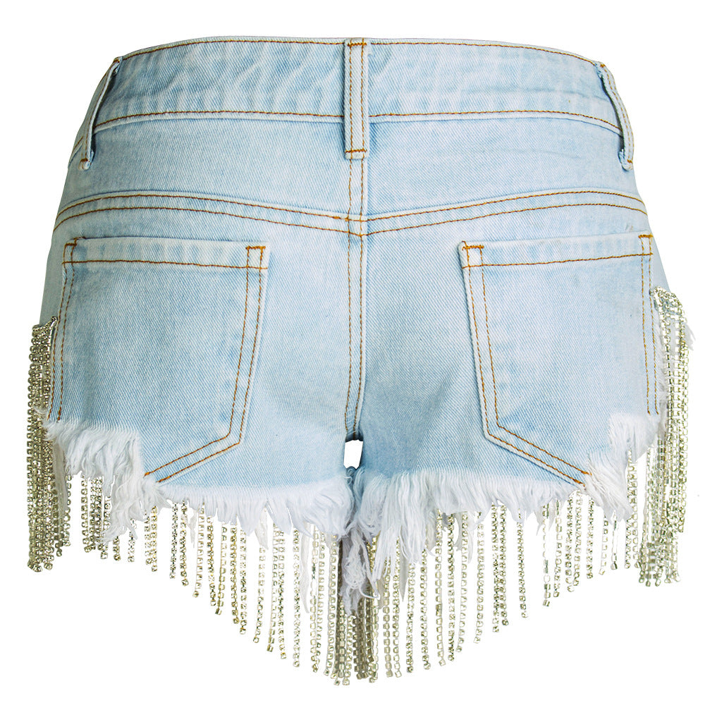 Women's Disco Summer Nightclub Tassel Crystal Chain Hip Jeans