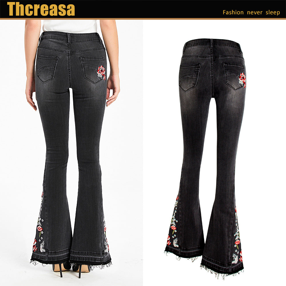 Women's Stretch Embroidery Flower Bell-bottom Black Trousers Jeans