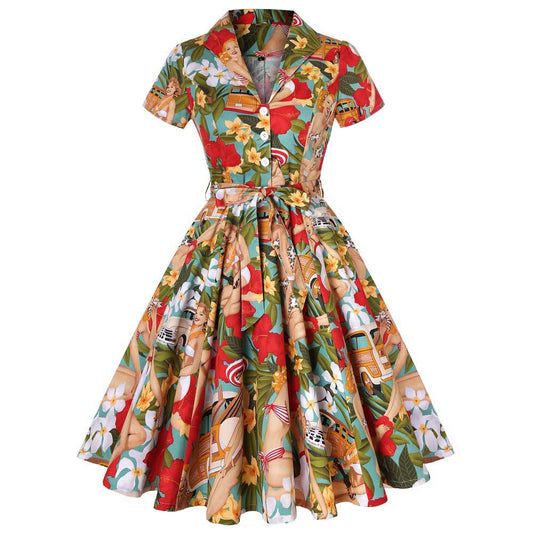 Retro Lapels Sleeve Fresh Printed Large Swing Cotton With Shorts