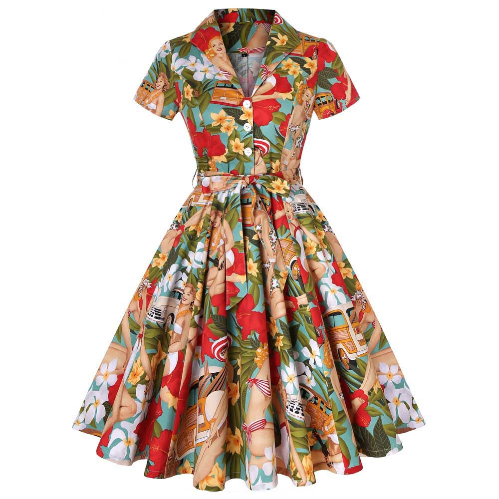 Retro Lapels Sleeve Fresh Printed Large Swing Cotton With Shorts