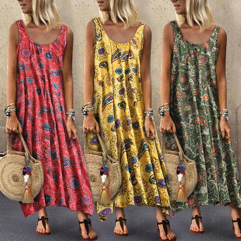 Leisure Printed Sleeveless Seaside Vacation Loose Dress