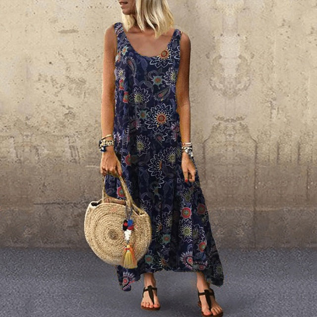 Leisure Printed Sleeveless Seaside Vacation Loose Dress