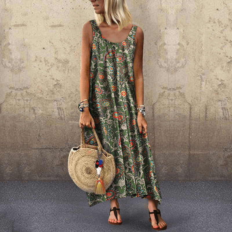 Leisure Printed Sleeveless Seaside Vacation Loose Dress