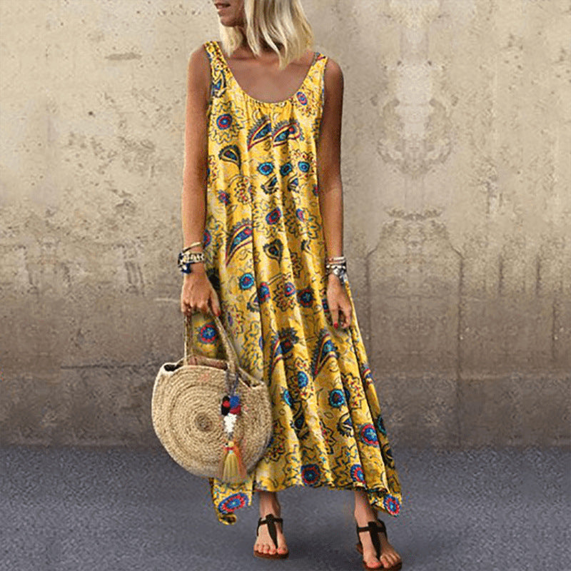 Leisure Printed Sleeveless Seaside Vacation Loose Dress